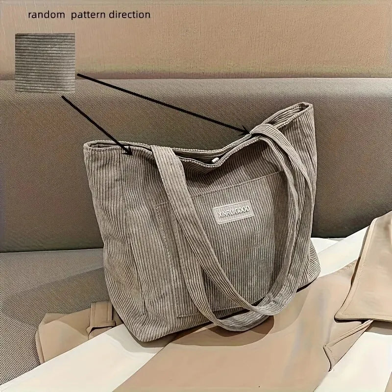 Corduroy Tote Bag With Front Pocket