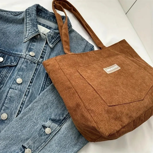 Corduroy Tote Bag With Front Pocket